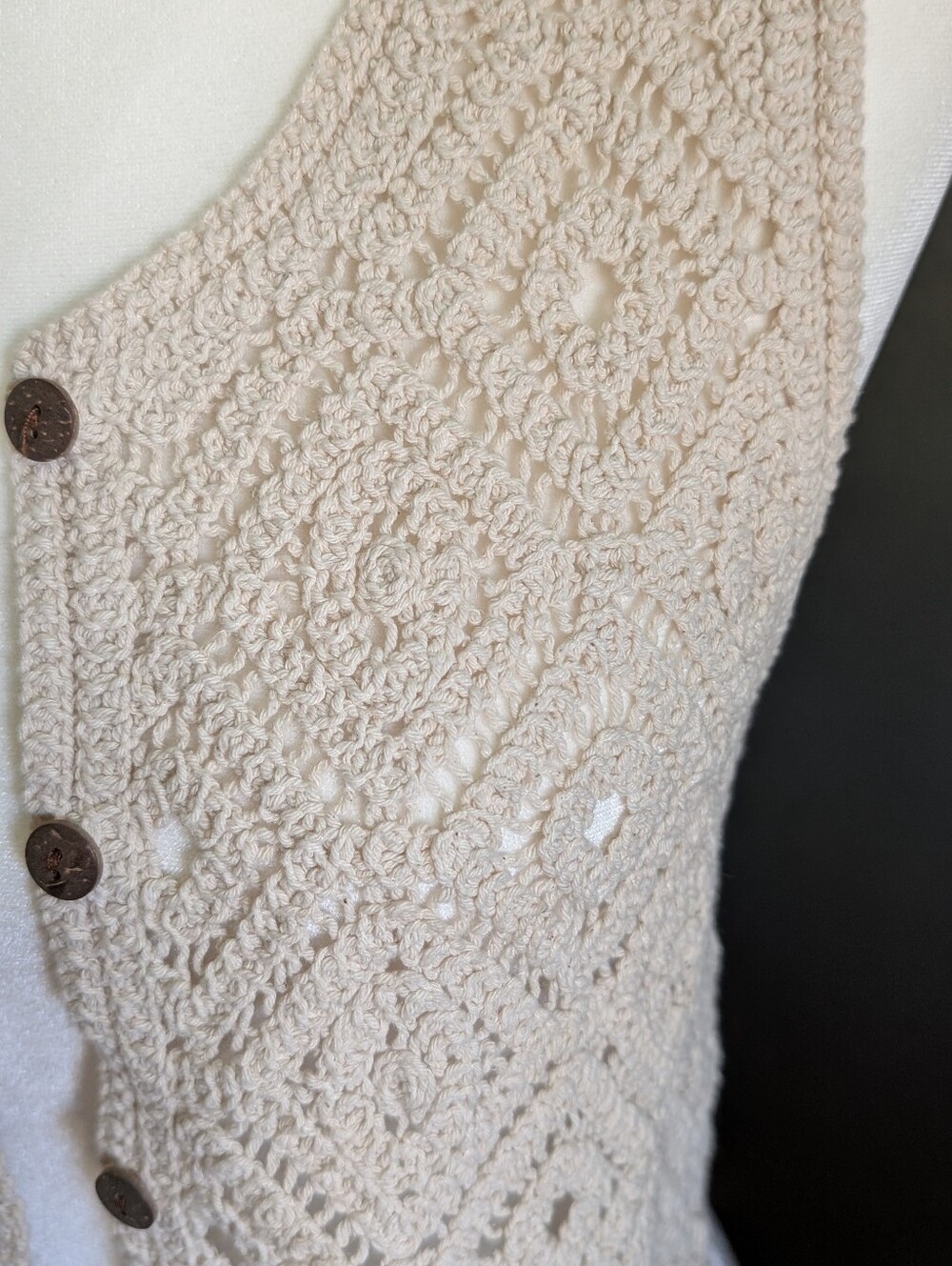 Cottagecore Cream Crochet Knit Button Front Vest Boho Festival Cotton Size S - Picture 3 of 5
